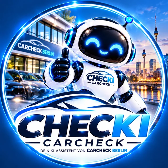 Logo von Checki: CHECKI CARCHECK – Dein KI-Assistent von CARCHECK Berlin. Weiß-blauer Roboter mit Daumen hoch vor dem Büro von CARCHECK Berlin und der Berliner Skyline mit Fernsehturm