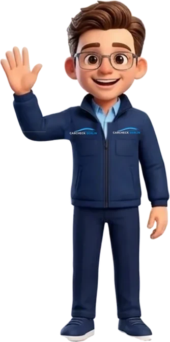 Checko, das Maskottchen von CARCHECK Berlin, in dunkelblauer CARCHECK-Jacke mit Brille, winkt