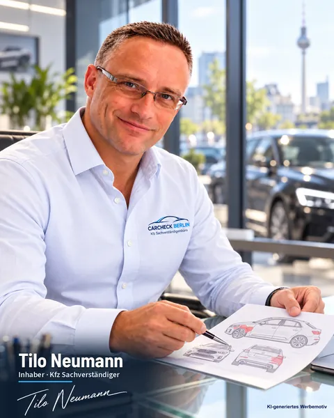 Tilo Neumann, Inhaber und Kfz-Sachverständiger von CARCHECK Berlin, am Schreibtisch mit einer Schadenskizze (KI-generiertes Werbemotiv)