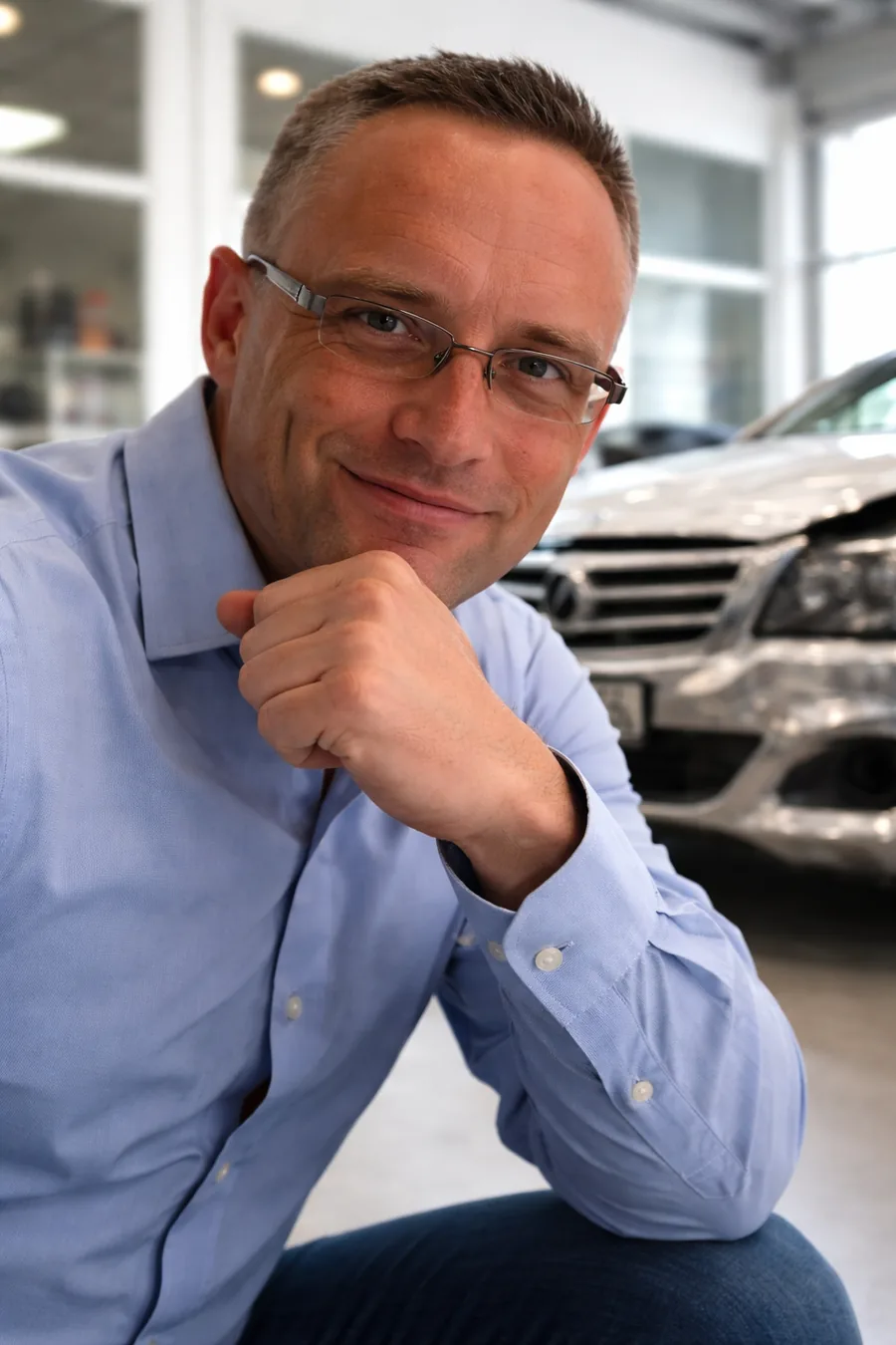 Kfz-Sachverständiger Tilo Neumann lächelt in die Kamera, im Hintergrund ein beschädigtes Fahrzeug