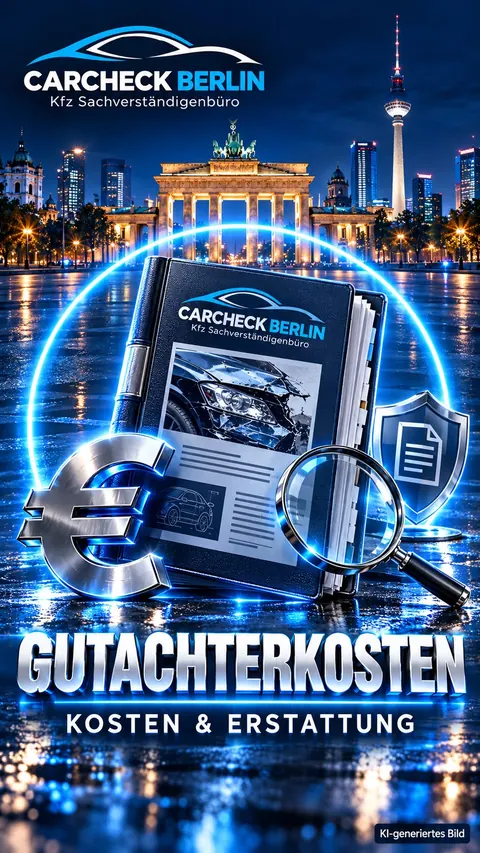 Gutachterkosten – Kosten und Erstattung: Gutachten-Mappe von CARCHECK Berlin mit Euro-Zeichen und Lupe