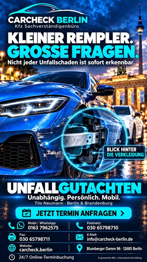 Kleiner Rempler, große Fragen: blauer Wagen mit leicht beschädigter Frontstoßstange vor dem Brandenburger Tor, eine Lupe zeigt schematisch die Bauteile hinter der Verkleidung