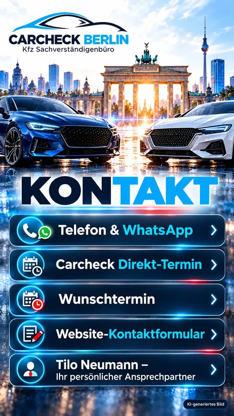 Kontakt zu CARCHECK Berlin: Telefon und WhatsApp, Carcheck Direkt-Termin, Wunschtermin, Website-Kontaktformular und Tilo Neumann als persönlicher Ansprechpartner, im Hintergrund das Brandenburger Tor (KI-generiertes Bild)
