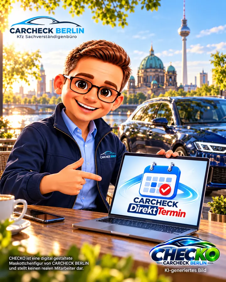 KI-generiertes Bild: Checko, die Maskottchenfigur von CARCHECK Berlin, zeigt auf einen Laptop mit dem Online-Termin-Tool CARCHECK DirektTermin – im Hintergrund Berliner Dom und Fernsehturm.