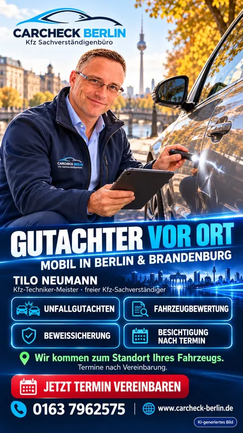 KI-generiertes Werbemotiv: Kfz-Sachverständiger Tilo Neumann bei einer beispielhaften Fahrzeugbesichtigung an einem Pkw in Berlin. CARCHECK BERLIN – mobiler Gutachterservice.