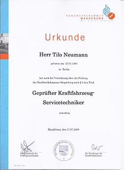 Zertifikat Geprüfter Kfz-Servicetechniker, Tilo Neumann, Handwerkskammer Magdeburg 2008