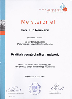 Meisterbrief Kraftfahrzeugtechnikerhandwerk von Tilo Neumann, Handwerkskammer Magdeburg 2008
