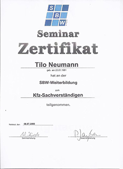 Seminarzertifikat SBW-Weiterbildung zum Kfz-Sachverständigen, Tilo Neumann