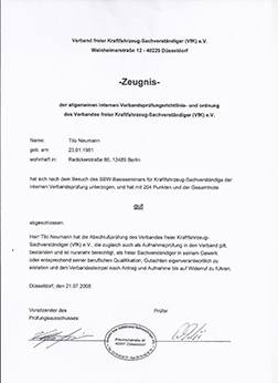 Zeugnis der Sachverständigenprüfung, Verband freier Kfz-Sachverständiger (VfK) e.V., Tilo Neumann