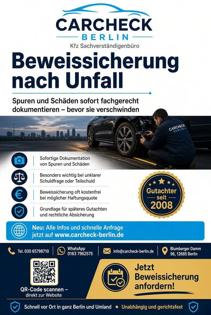 Foto zum Facebook-Beitrag von CARCHECK Berlin: 📍Beweissicherung nach einem Unfall