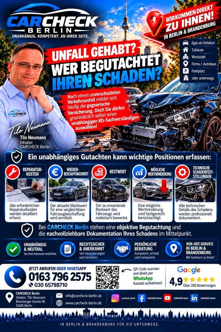 Foto zum Facebook-Beitrag von CARCHECK Berlin: ⚖️ UNFALL GEHABT? WER BEGUTACHTET IHREN SCHADEN?