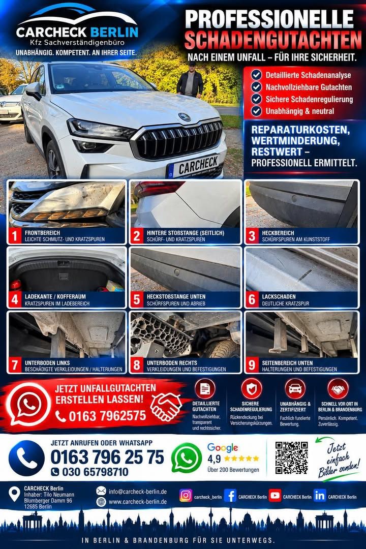Foto zum Facebook-Beitrag von CARCHECK Berlin: 🚗💥 UNFALLSCHADEN AM ŠKODA – CARCHECK BERLIN IM EINSATZ IN ZOSSEN!