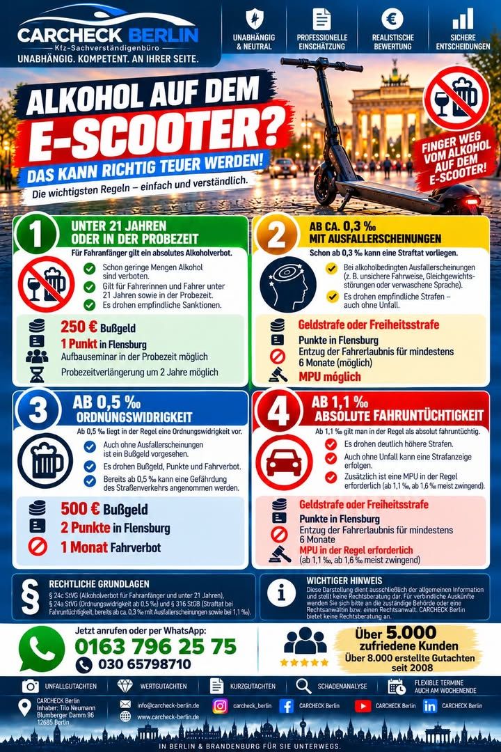 Foto zum Facebook-Beitrag von CARCHECK Berlin: 🛴🚨 ALKOHOL AUF DEM E-SCOOTER?