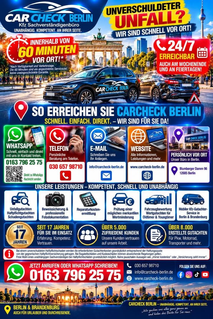 Foto zum Facebook-Beitrag von CARCHECK Berlin: 🚨📲 SO ERREICHEN SIE CARCHECK BERLIN – SCHNELL, EINFACH UND DIREKT!