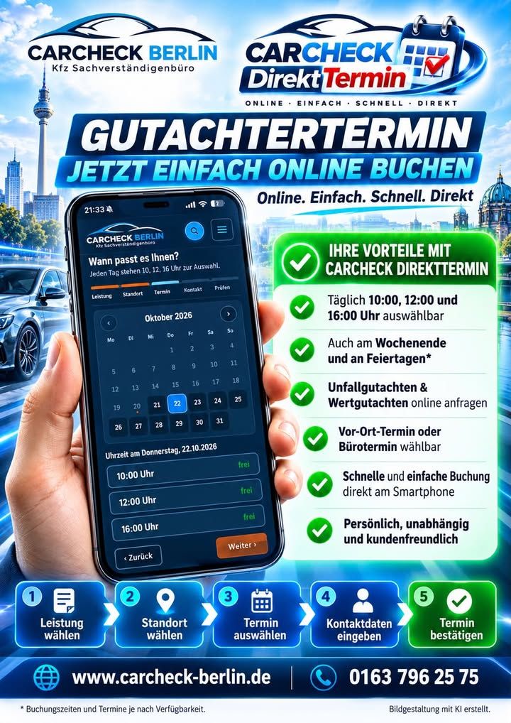 Foto zum Facebook-Beitrag von CARCHECK Berlin: 🚗📅 NEU BEI CARCHECK BERLIN – IHR GUTACHTERTERMIN IST JETZT ONLINE BUCHBAR!