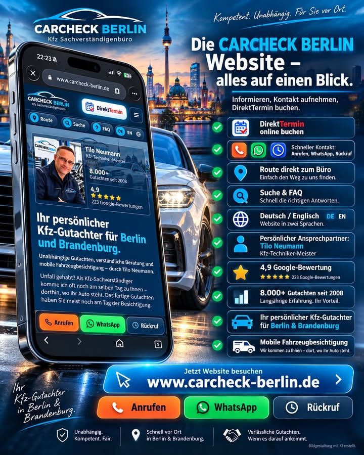Foto zum Facebook-Beitrag von CARCHECK Berlin: 🚗💙 CARCHECK BERLIN – IHR KFZ-GUTACHTER IST JETZT NUR NOCH WENIGE KLICKS …