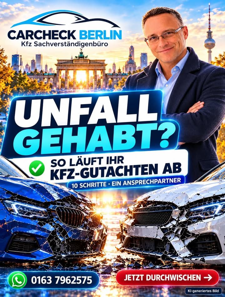 Foto zum Facebook-Beitrag von CARCHECK Berlin: 🚗💙 UNFALL GEHABT? SO LÄUFT IHR KFZ-GUTACHTEN BEI CARCHECK BERLIN AB!