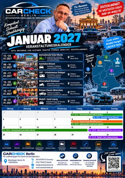 Vorschau: Veranstaltungskalender Januar 2027: Grüne Woche, CMT, Bremen Classic Motorshow