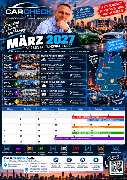 Vorschau: Veranstaltungskalender März 2027: Techno-Classica, Motorräder Dortmund