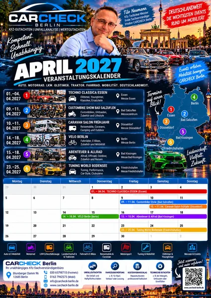Vorschau: Veranstaltungskalender April 2027: VELO Berlin, Techno Classica, Caravan Salon