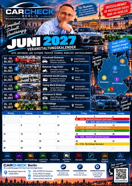Vorschau: Veranstaltungskalender Juni 2027: Klassikwelt Bodensee, Caravan Salon Leipzig
