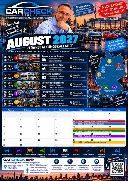 Vorschau: Veranstaltungskalender August 2027: Hamburg Motor Classics, Eurobike