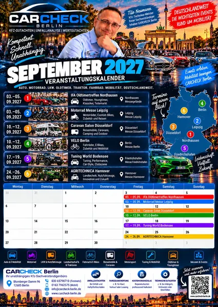 Vorschau: Veranstaltungskalender September 2027: Caravan Salon, VELO Berlin, Agritechnica